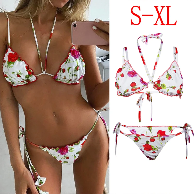 Бикини с низкой талией купальный костюм Холтер Цветочный микро бикини набор