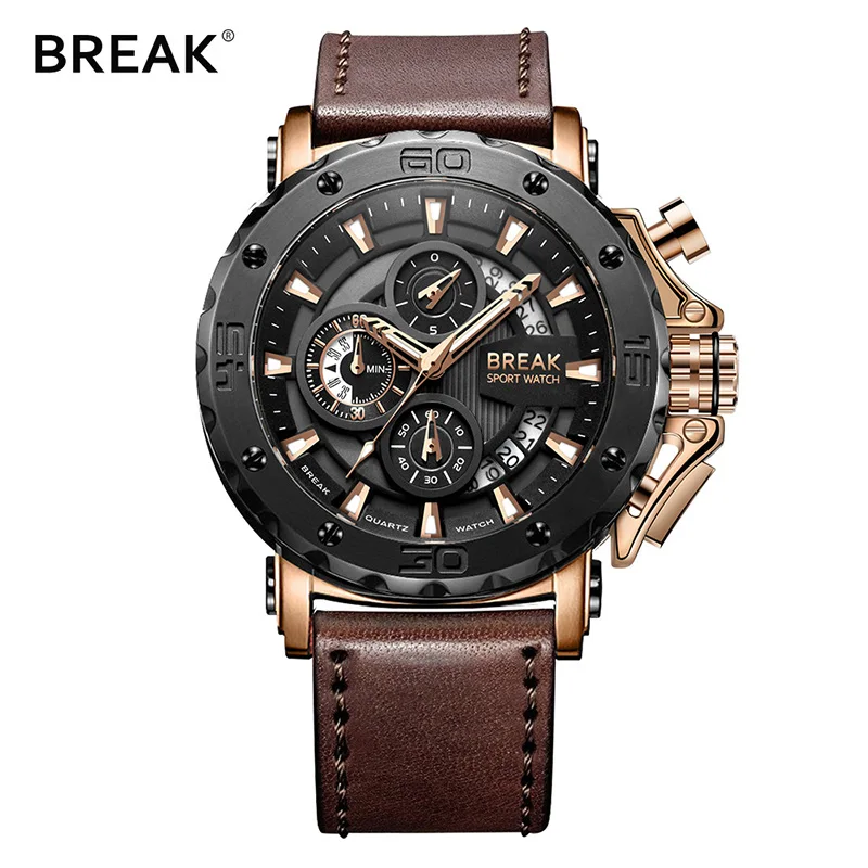 5690-LBN-RG BREAK Top Роскошные Брендовые мужские часы модные повседневные Хронограф военные из натуральной кожи Кварцевые Спортивные Наручные Часы Relogio Masculino - Цвет: 5690-LBN-RG