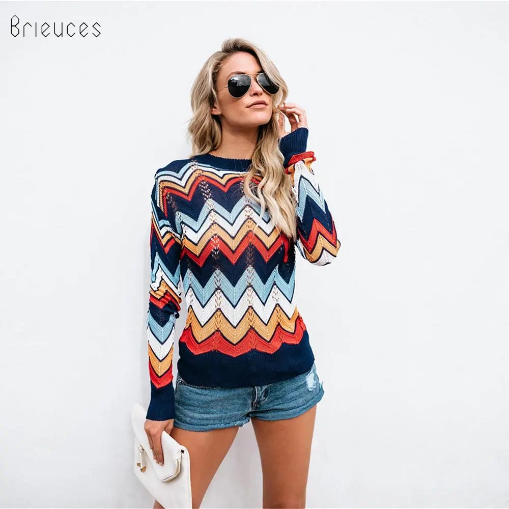 Brieuces autumn winter knitted sweater pullover Women loose full sleeve hollow Runway rainbow sweet Sweater street star | Женская одежда