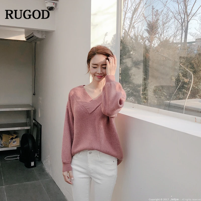 Женский Повседневный Свободный пуловер RUGOD розовый однотонный винтажный базовый