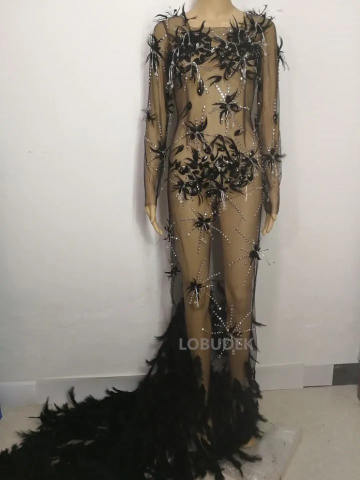Черная сетка со шлейфом платье украшенное перьями пикантные перспектива