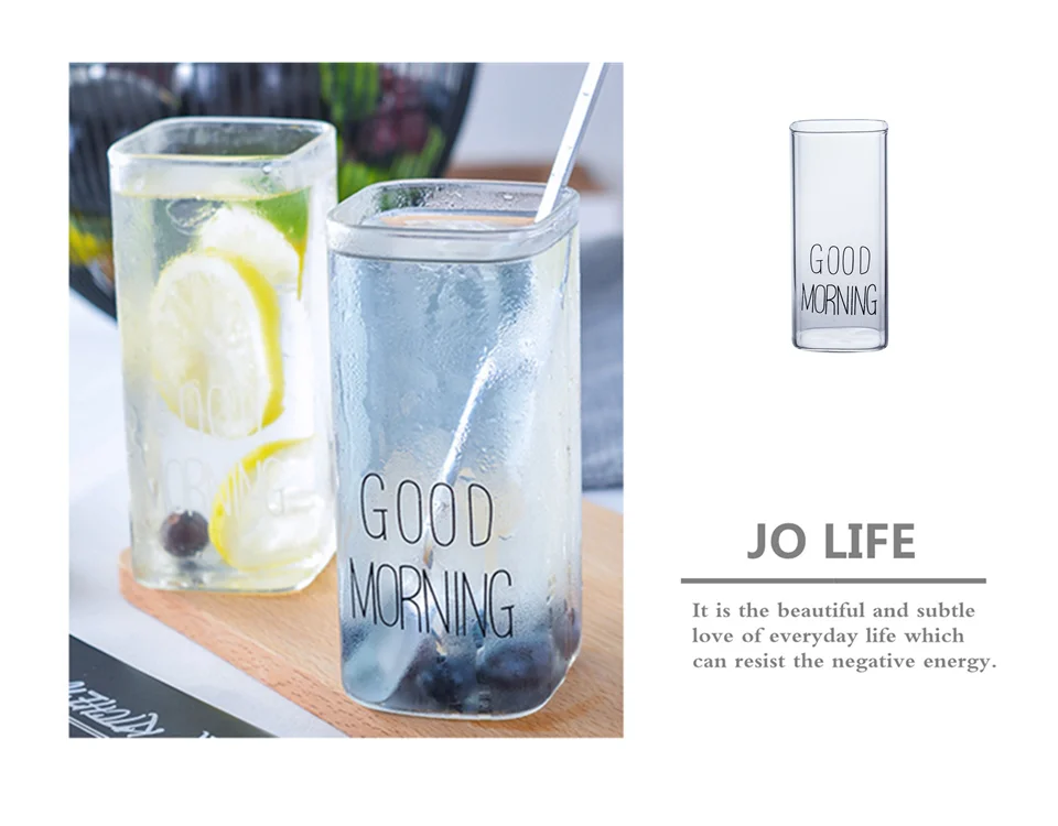 JO LIFE 1 шт., Прозрачная Черная/белая кофейная кружка с надписью «Good Morning» 400 мл, прямоугольная стеклянная чашка для питья молока и сока, стеклянная чашка