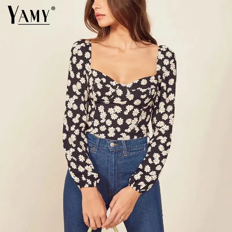 Boho женские топы летние элегантные эластичные складные женские блузки винтажный цветочный принт с длинным рукавом Корейская одежда уличная блуза