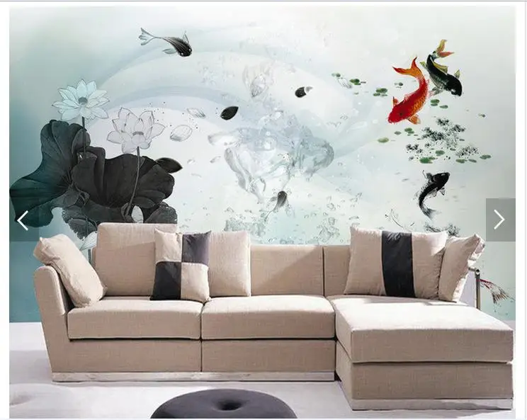 3d-фотообои на заказ настенные фрески с рисунком лотоса рыбы дивана телевизора