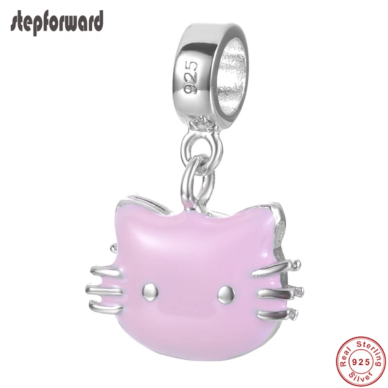 

CZ Paved 925 Sterling Silver Kitty Hanging Charm For Bracelet & Necklace Lovely Good Quality Pink Enamel Authentic Jewelry Gift