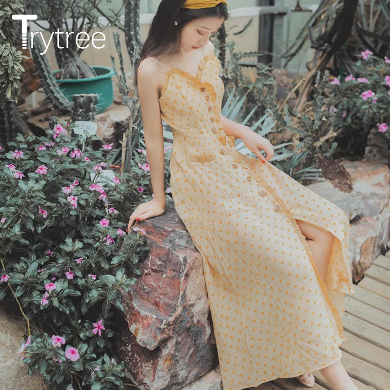 Trytree летнее женское платье повседневное в горошек с оборками женская рубашка без