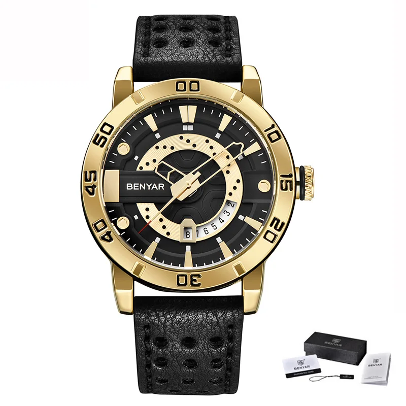 Роскошный бренд BENYAR часы мужские кожаные кварцевые часы Мода неделя с датой часы Reloj Hombre спортивные часы мужские relogio Masculino - Цвет: Black Gold Black