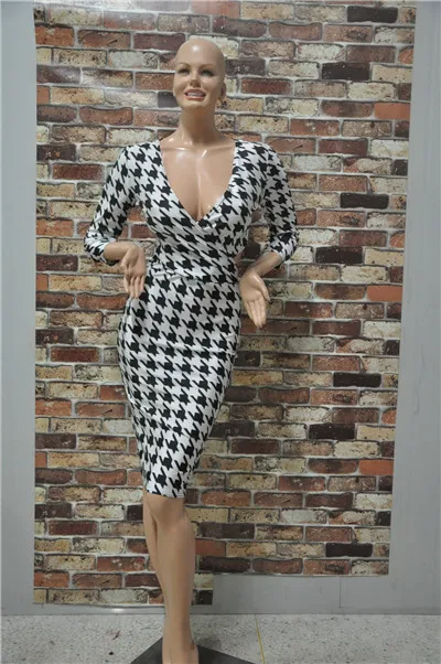 Free Shipping Euro Women three quarter Houndstooth Plaid Sexy Pencil Dress Knee Length dresses YD042 | Женская одежда