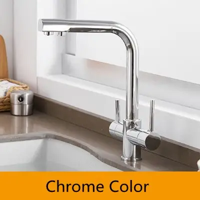 Chrome Color Смесители для кухни черный 3 способа Воды Фильтр Краны двойная ручка хром латунный кран Высокая АРКА Поворотный очиститель фильтрация, кран CF-0183H - Цвет: Chrome Color