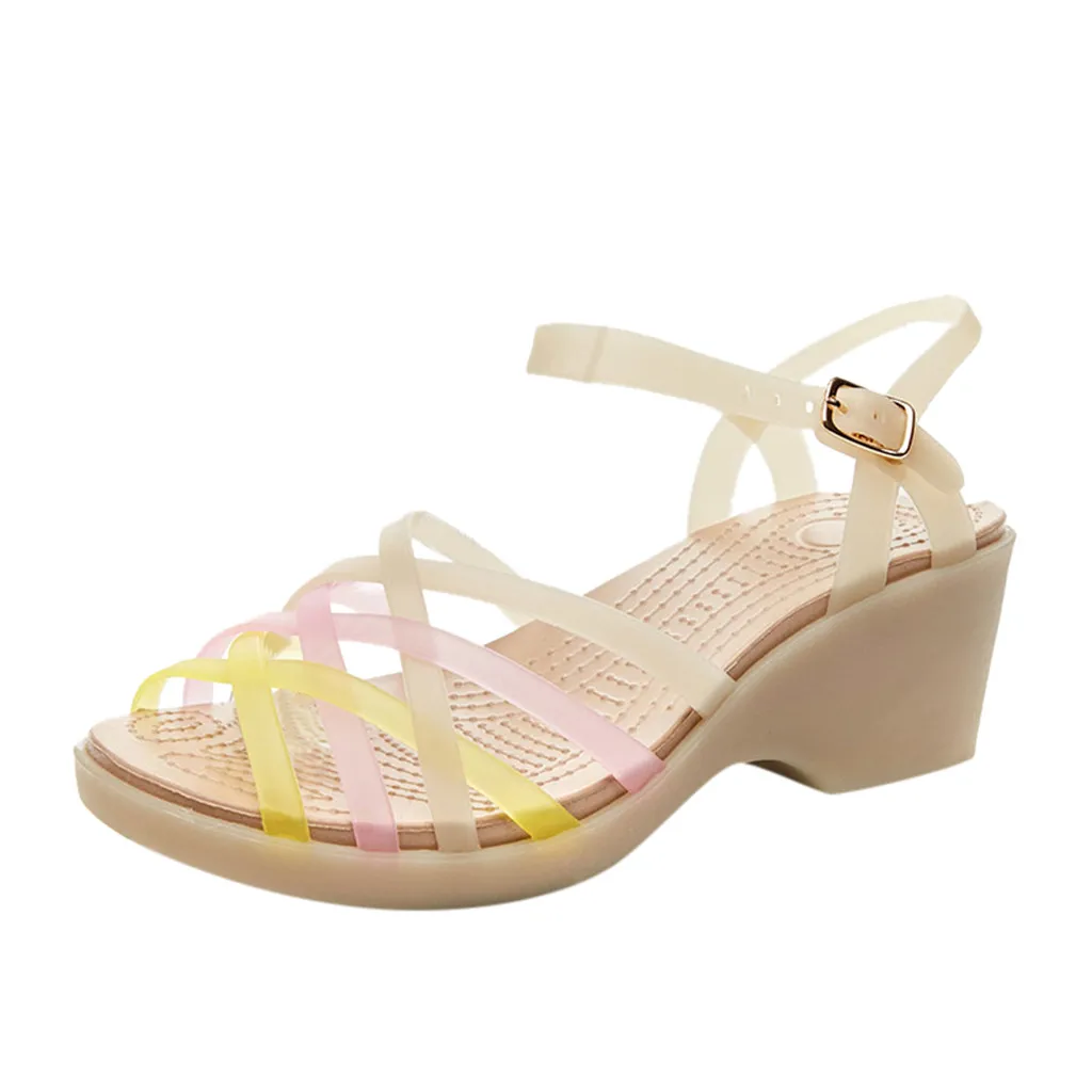Beige SAGACE Fashion Simple Women's Candy Color Summer Casual Sandals Wedges With Jelly Shoes Girl PVC Non-Slip Roman Sandals J22 - Color: Beige