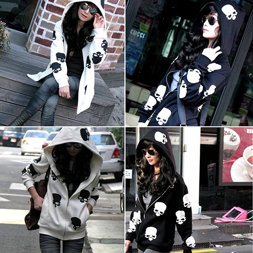 Women's Skull Zipper Sweater Hooded Cardigan Casual Hoodies Jacket Coat Tops | Женская одежда
