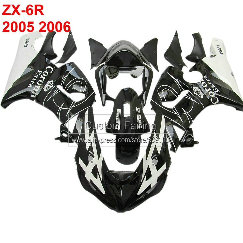 Черный комплект кузова для Kawasaki zx6r zx 6r Ninja 2005 2006 05 06 Обтекатели с белым пламенем