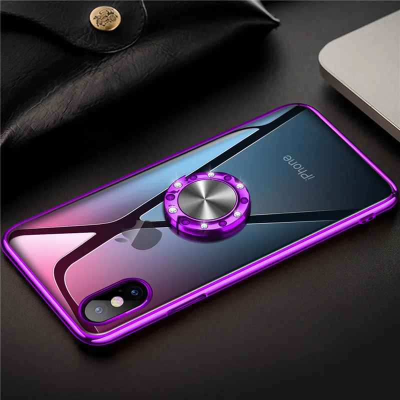 Shockproof For iPhone X XS Max XR 6 7 8 6s Plus Case Slim Plating Clear Transparent Hard PC Cover 360 Magnetic Ring Holder Stand |