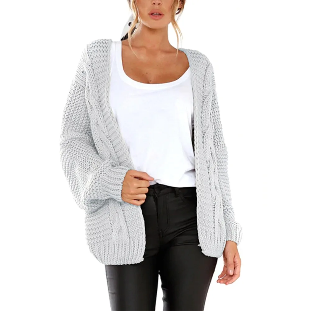 2018 Autumn Women Woolen Yarn Sweater Long Sleeve Solid Casual Pocket Knitted Plus Size Outerwear Open Stitch |