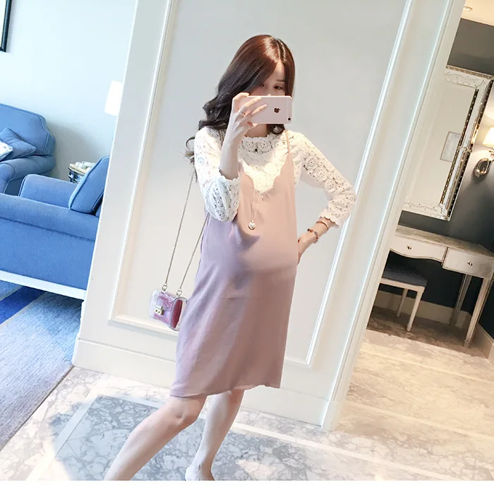 Новинка 2017 корейские платья для беременных Весенние длинные секционные