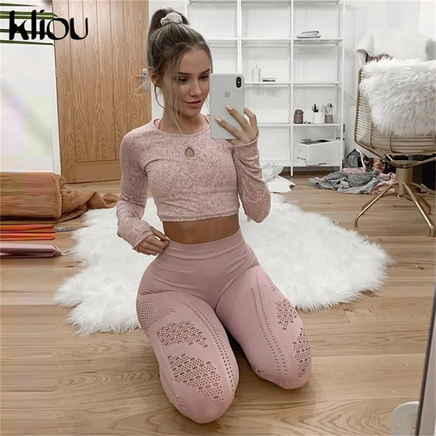 Kliou Новые женские модные длинные облегающие эластичные однотонные леггинсы спортивные штаны с прозрачными вставками