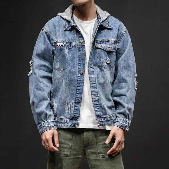 Mens Blue Cotton Ripped Jeans Jackets Male Streetwear Hooded Denim Jacket Men Vintage Jean Coat Plus Size 5XL | Мужская одежда
