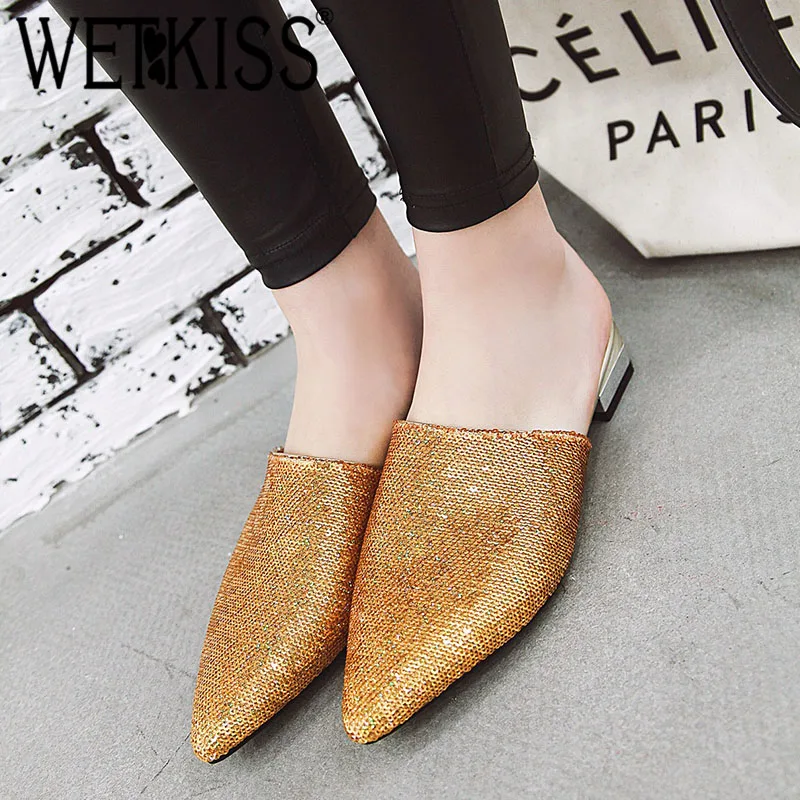 WETKISS Sequined Slippers Women Pointed Toe Footwear Slides Bling Shoes Female Low Heels Mules Woman Summer Plus Size 48 | Обувь