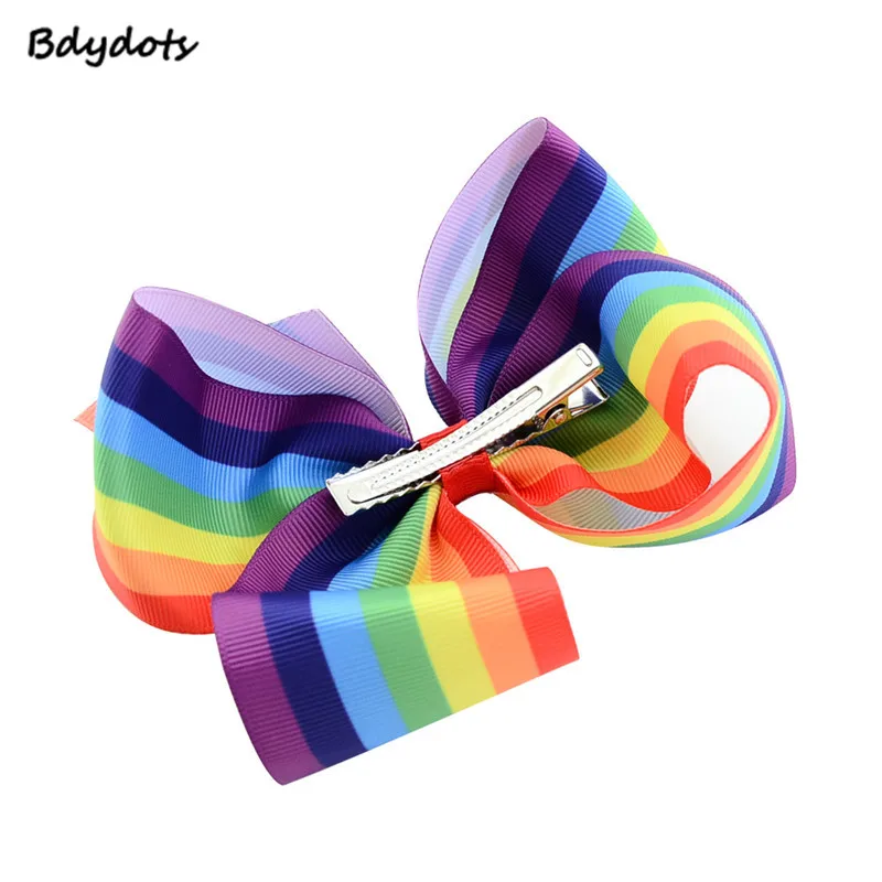 

Colorful 12Pcs/lot 5.5Inch New Rainbow Grosgrain Ribbon Bow With Rhinestone Hair Clip Kids Boutique Geometric Hair Accessories