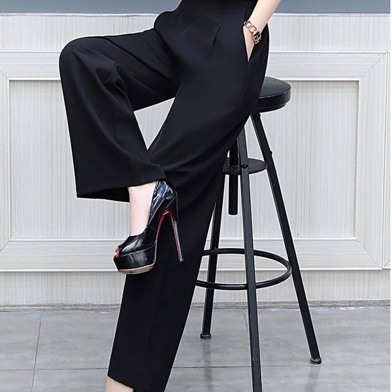 

Summer Plus size Wide leg pants Women New Fashion High Waist Thin Section Slim Trousers Women's Black Casual Chiffon Capris a318