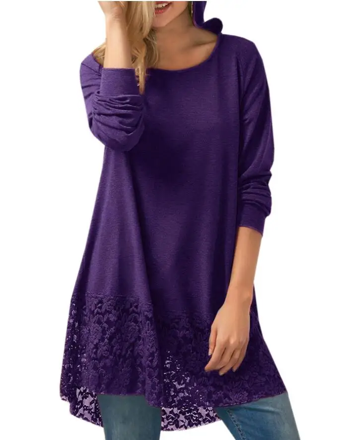 

New Lace Stitching Tops Loose Women Crew Neck Long Sleeve Casual tops tee Shirts 2018 Spring Solid Hooded Pullover Tops clothing