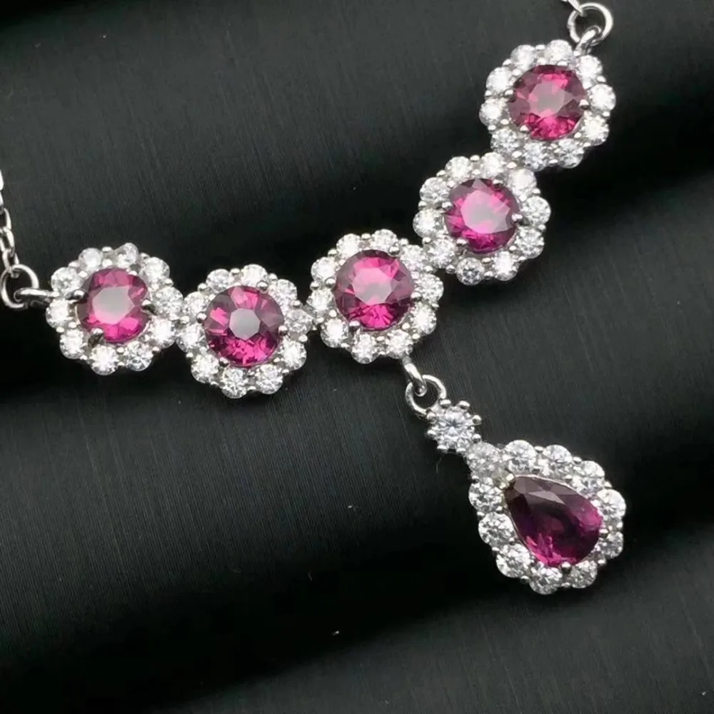 Верность природный гранат S925 серебро Fine Jewelry Набор для женщин Свадебные натуральный фиолетовый камень серьги кольца кулон