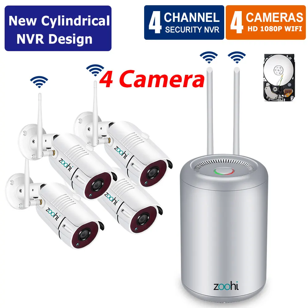 4CH NVR 4 Camera Zoohi 4CH 1080 P видеокамера с Wi-Fi Системы открытый Водонепроницаемый Ночное видение видео комплект камеры наблюдения P2P Беспроводной Камера - Цвет: 4CH NVR 4 Camera