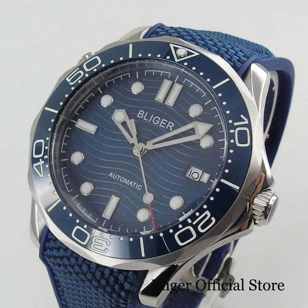 

TOP Brand Blue 41mm Automatic Men's Watch With Wave Pattern Wristwatch Rubber Strap