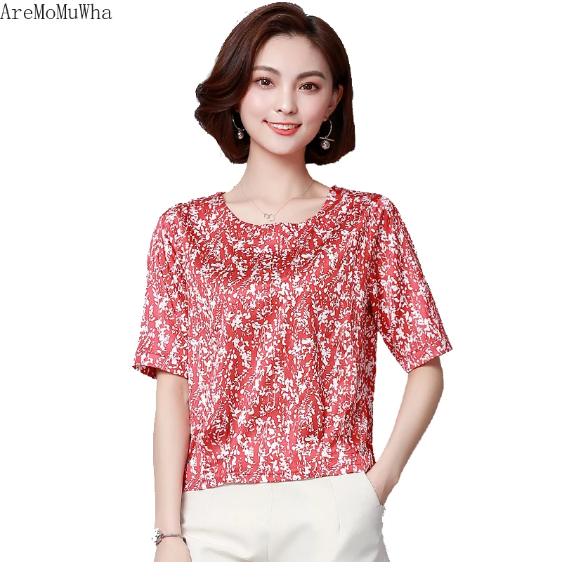 AreMoMuWha Silk Satin Short-sleeved Shirt 2019 Summer New Fashion Small Slim M-4XL shirt Female Womens Shirts MH257 | Женская одежда