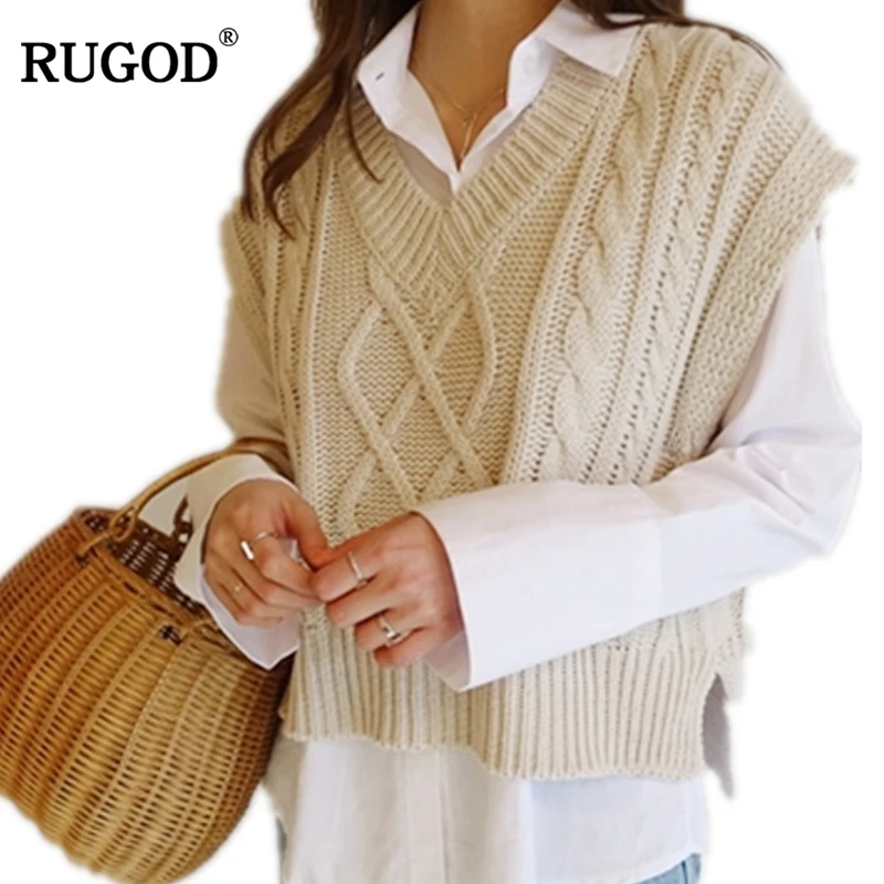 RUGOD 2019 New WinterEngland Style Pullovers fashion wild diamond-shaped twist woven V-neck wool short vest sweater women | Женская