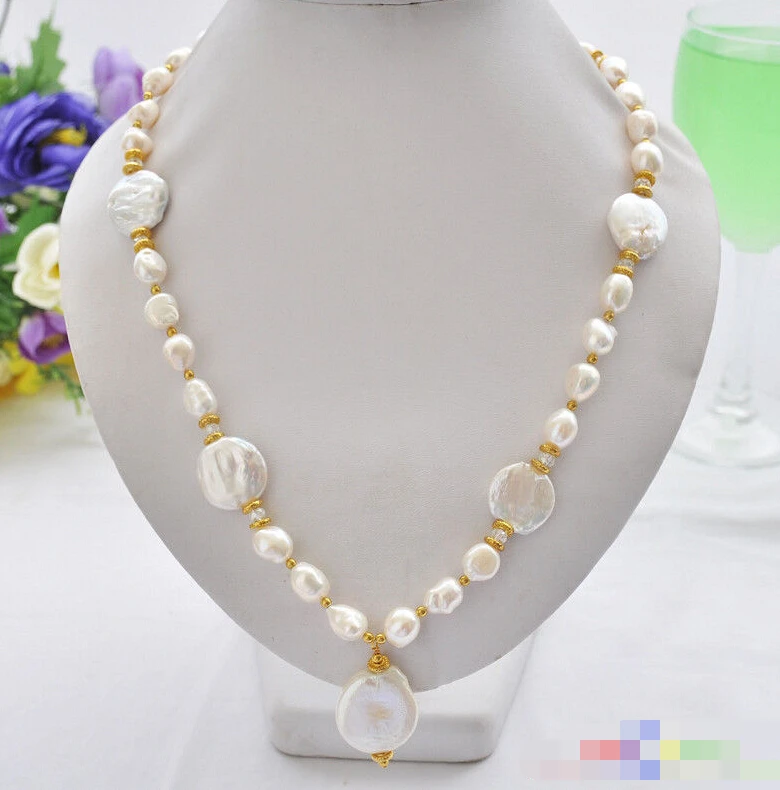 0887 белый барокко монета пресноводный жемчуг кулон ожерелье|pearl pendant necklace|pendant
