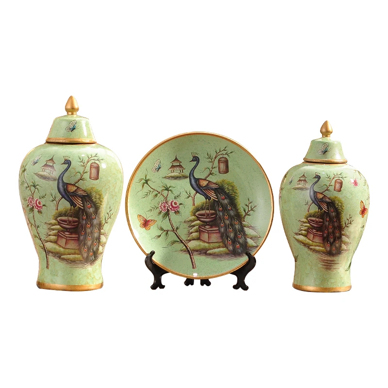 

style retro ceramic vase three piece Home Furnishing decoration living room cabinet furnishings American TV cabinet