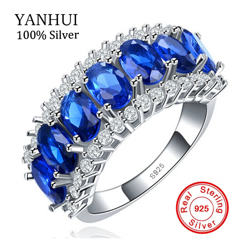 YANHUI Новая мода для женщин 925 Серебряное кольцо 10KT винтажные вечерние синие циркониевый камень cz обручальные свадебные кольца ювелирные изделия HR132