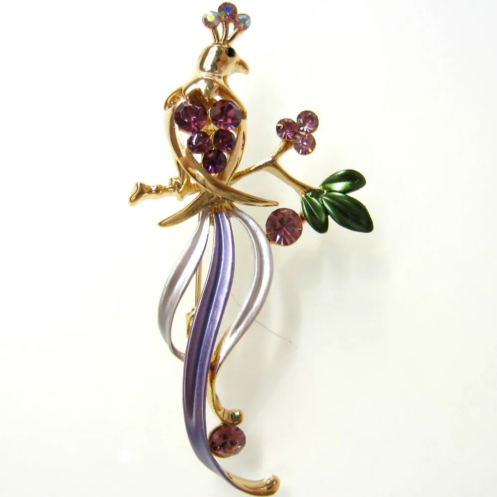 Navachi Павлин хрустальные листья желтый GP фиолетовая фотоброшь SMT7102|pin brooch|bird pincrystal