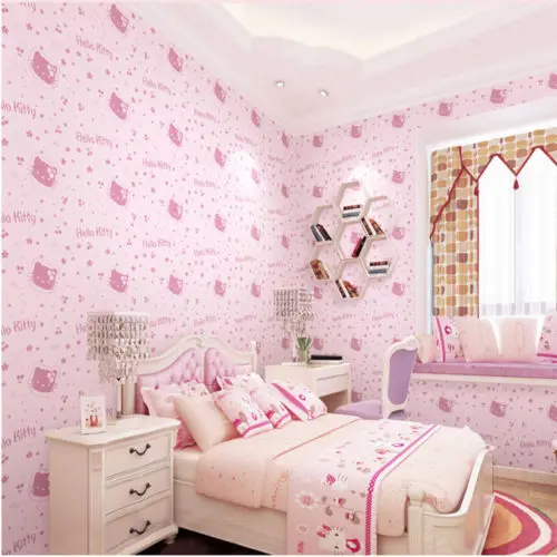 Q QIHANG Kids Room Princess Kitty Cat Pattern Style Non-woven Wallpaper Pink 0.53m*10m=5.3m2 | Обустройство дома
