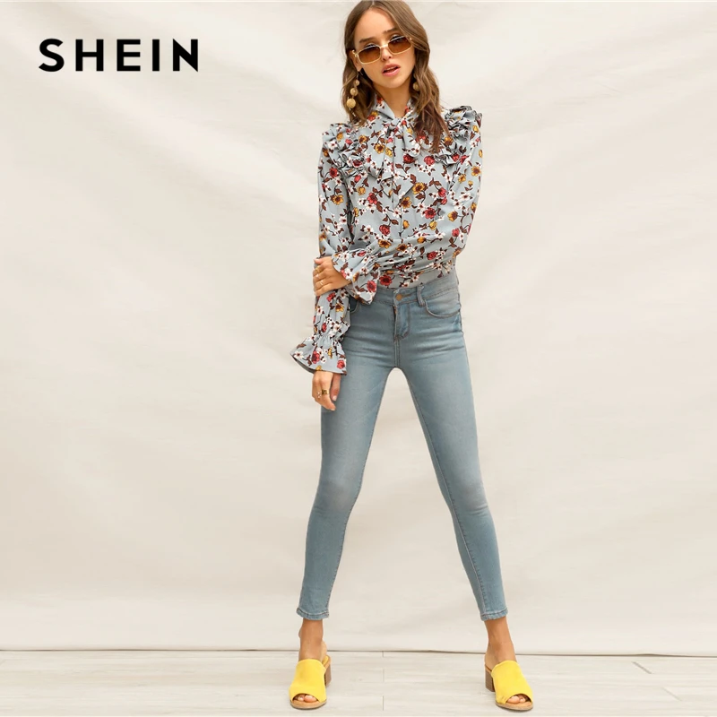 SHEIN Нарядная Блуза С Цветочным Принтом, Блуза С Воротником-Бантом И Длинным Рукавом