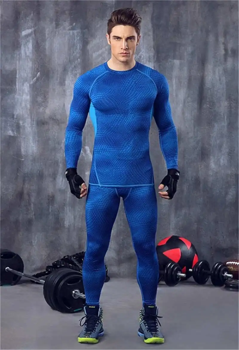 Sets Blue Для мужчин быстросохнущие компрессионные кальсоны 3D комплект из двух предметов фитнес зима Мужчины Весна Осень Спорт Бег тренировки термобелье - Цвет: Sets Blue