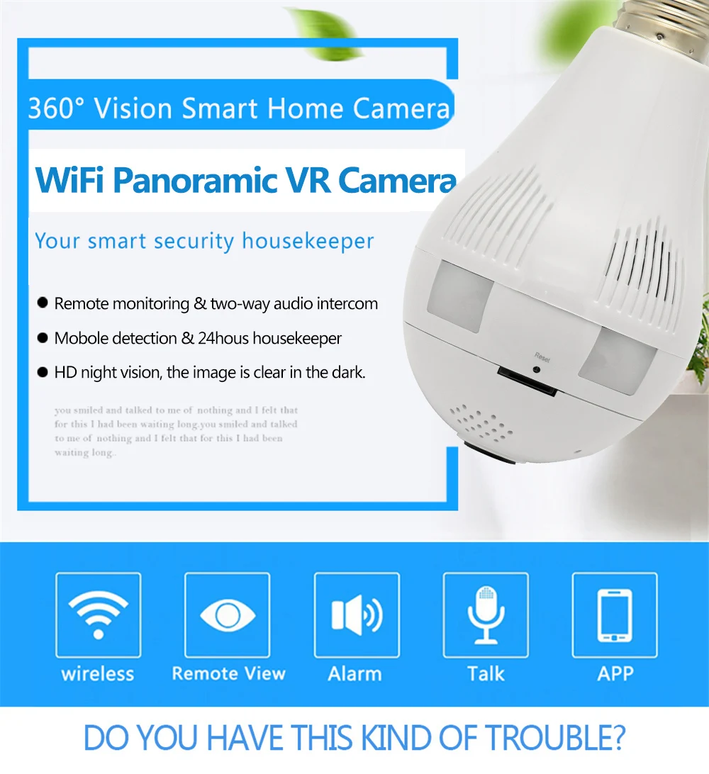 Wistino WiFi камера Крытый панорамный VR ip-камера рыбий глаз 960P лампочка Беспроводная радионяня умная домашняя камера безопасности