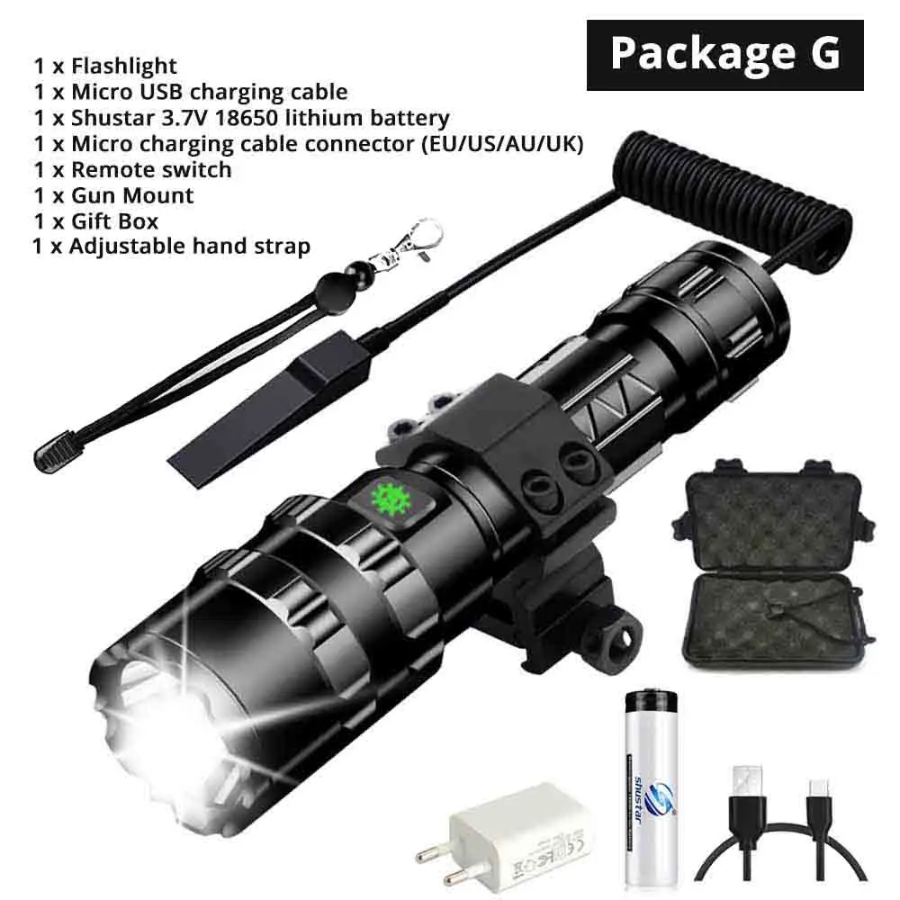 Package G Ультра яркий светодиодный тактический светильник с зарядкой от USB, водонепроницаемый походный светильник фонарь, охотничий светильник, 5 режимов, аккумулятор 18650 - Испускаемый цвет: Package G