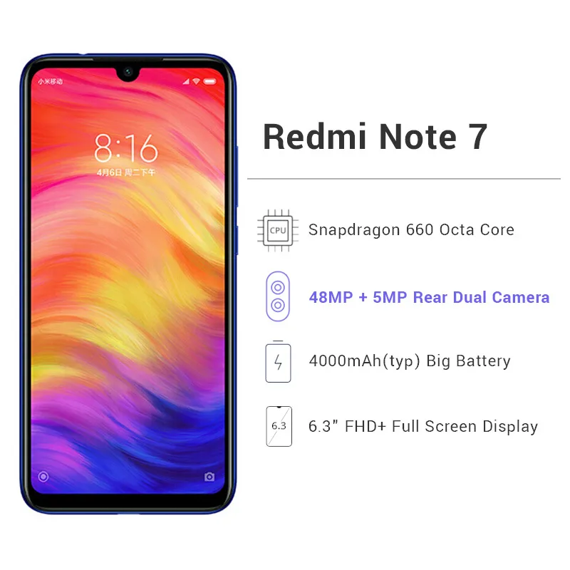 Оригинальный мобильный телефон Xiaomi Redmi Note 7 3 Гб ОЗУ 32 ПЗУ Восьмиядерный процессор