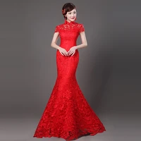 mandarin collar sexy lace flower lady cheongsam new red chinese wedding party bride qipao full length elegant mermaid dress