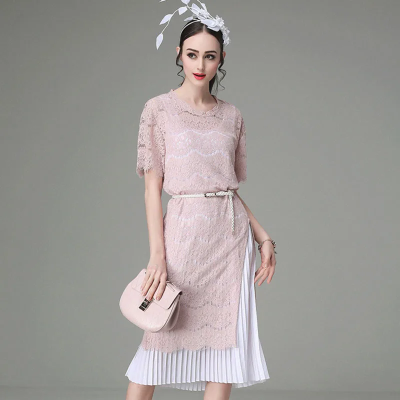 Лето Кружева dress 2017 Элегантные дамы с коротким Рукавом выдалбливают 2 Шт. Набор Dress