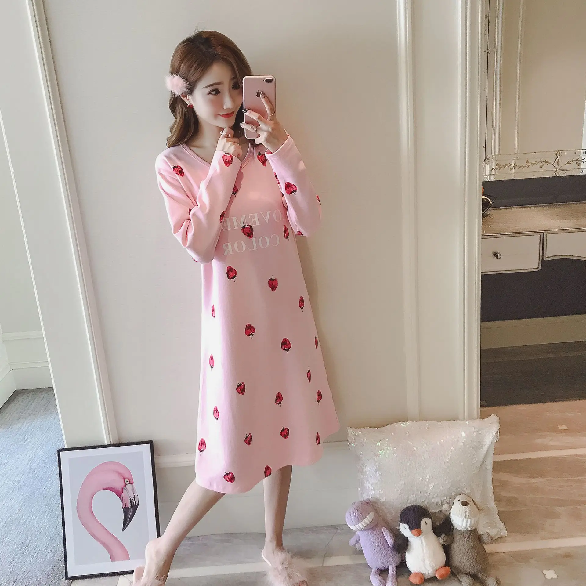 Ночные рубашки женские с длинным рукавом Kawaii хлопок осень пижамы свободные милые ночные рубашки для отдыха большой размер трендовые женские s принт - Цвет: 5357