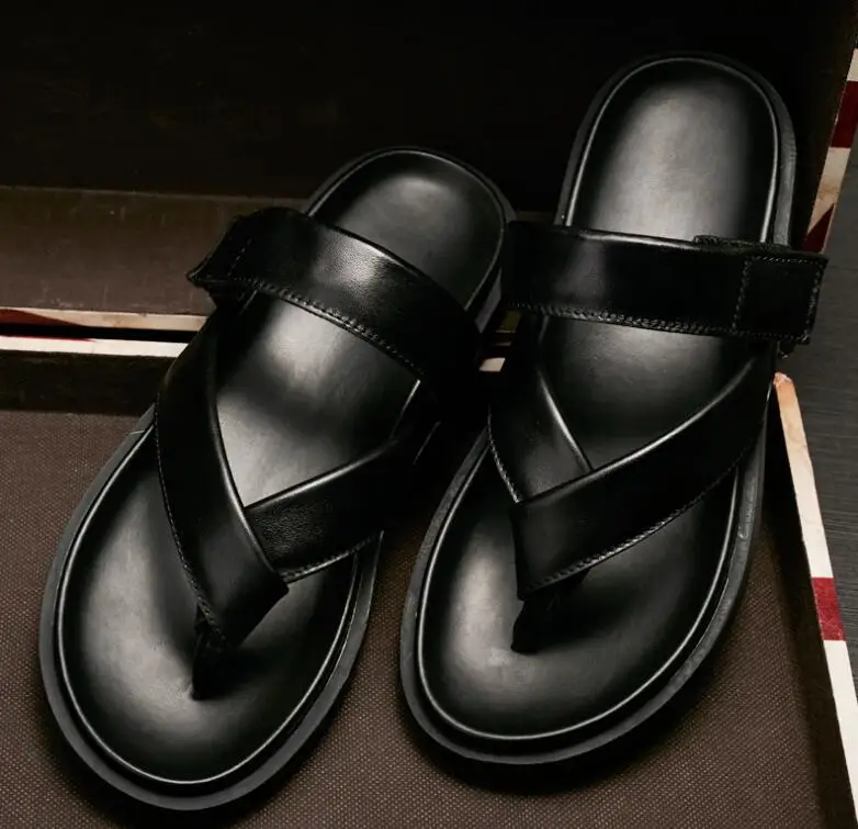 

Genuine Leather Summer Men's Sandals Flip-Flops Hook&Loop Slip-On Casual Moccasin Soft Platform Seaside Casual Shoes Slippers