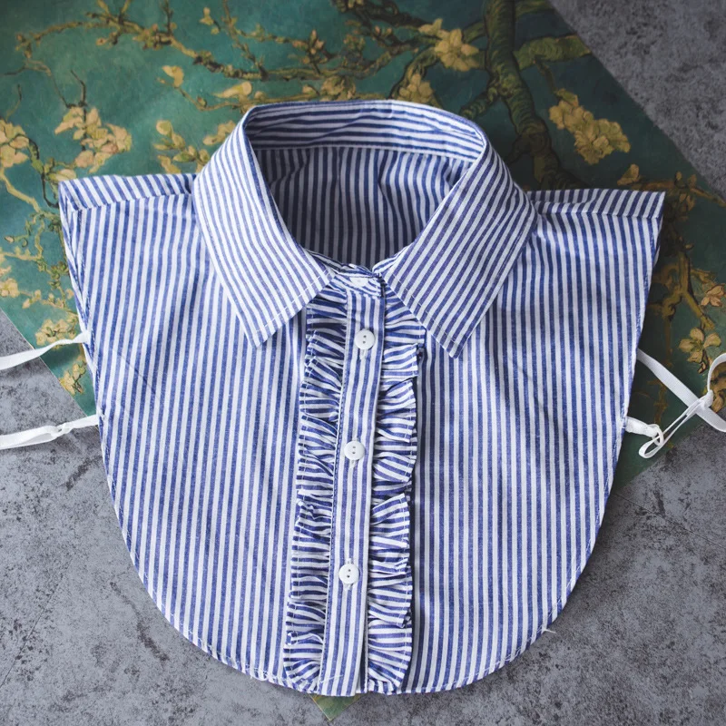 Fashion Women Pointed Collars Blue-White Striped Lace Placket Fake Shirt Detachable Collar |