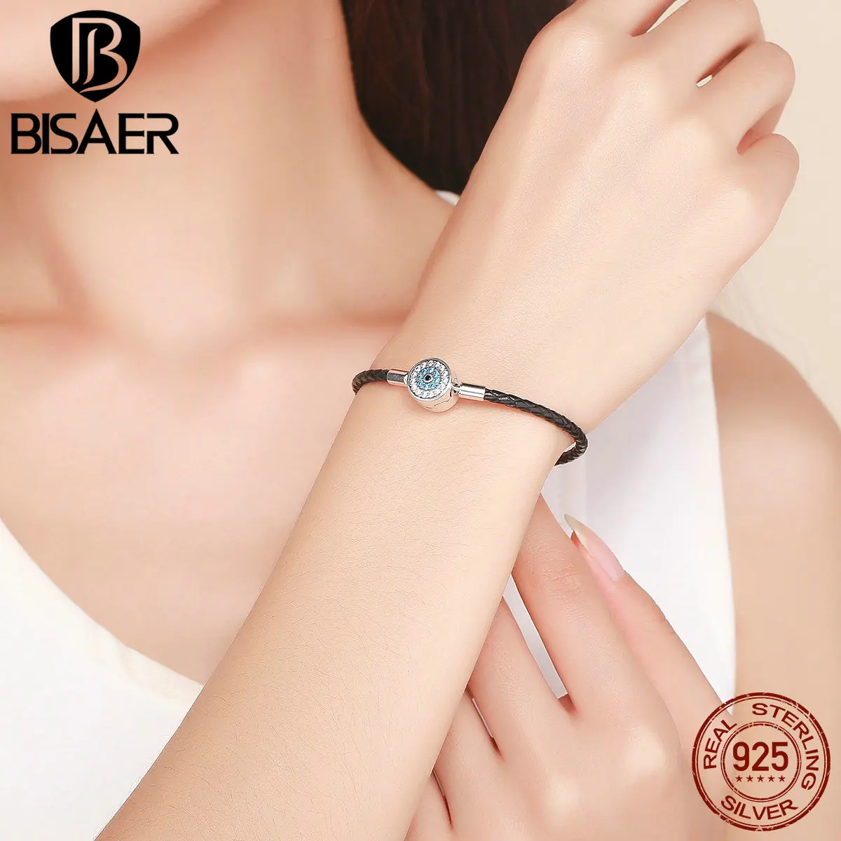 BISAER, настоящая 925 пробы, серебряная, черная цепочка в виде змеи, женские веревочные браслеты, Femme Lucky Blue Eye, CZ браслеты, серебряные ювелирные изделия ECB113