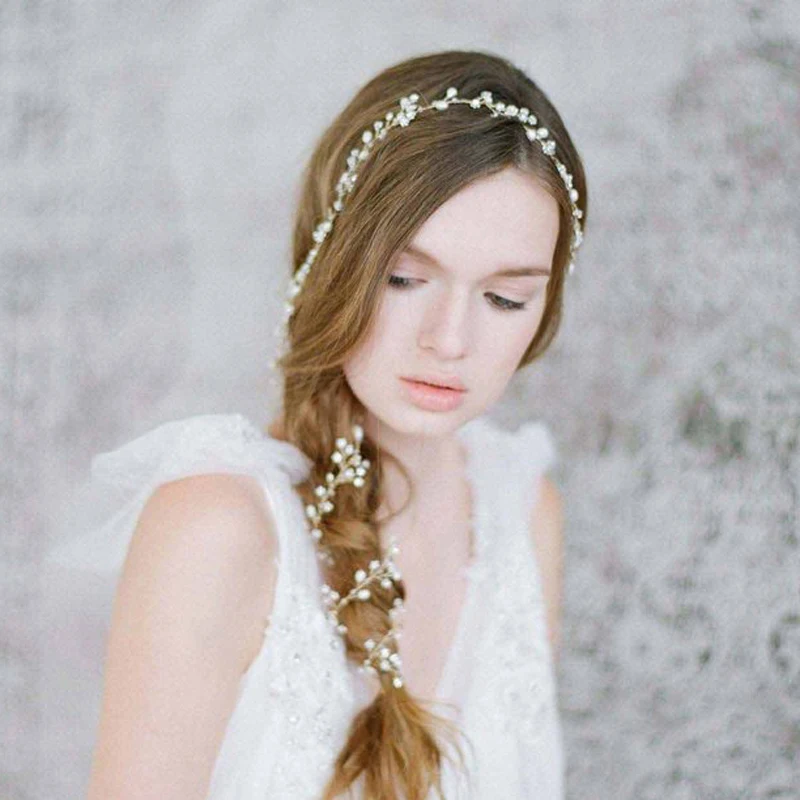 Fashion Handmade Long Bridal Hair Band Romantic Hairwear Floral Headpieces Pearl Jewelry Accessories Wedding Head Chain | Украшения и