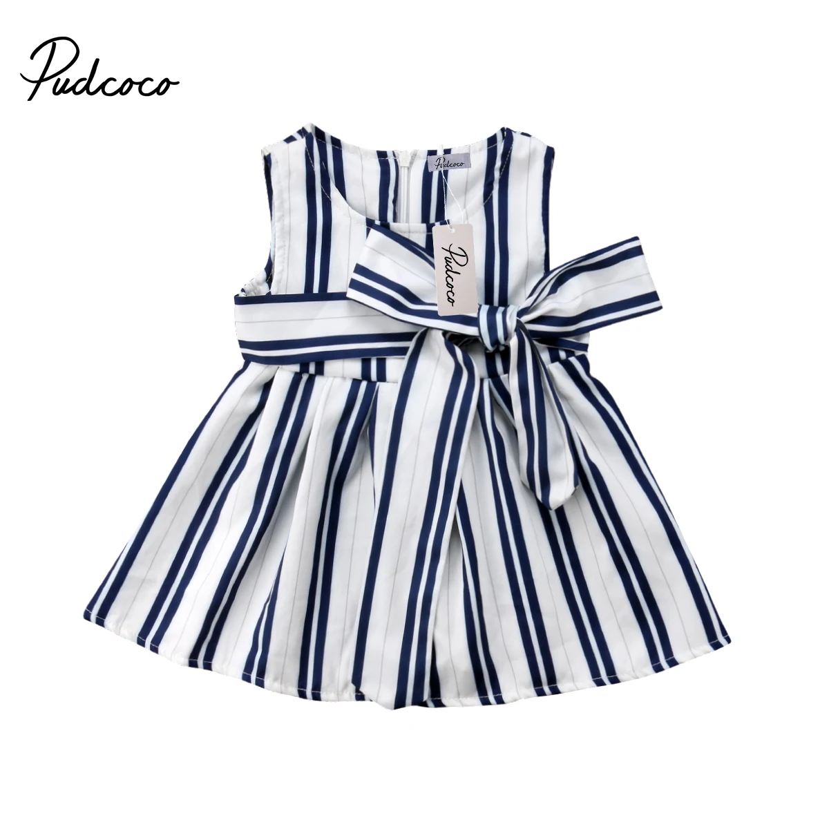 Pudcoco Summer Striped Baby Girl Dress Kids Party Pageant Prom Robe Sleeveless Bowknot Sundress Clothes Outfits | Детская одежда и