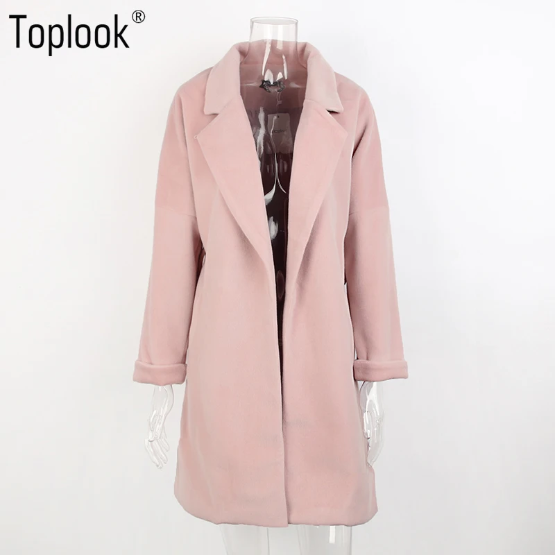 Toplook Винтаж Розовый шерстяной пояс зимнее пальто 2017 женская обувь Твердые