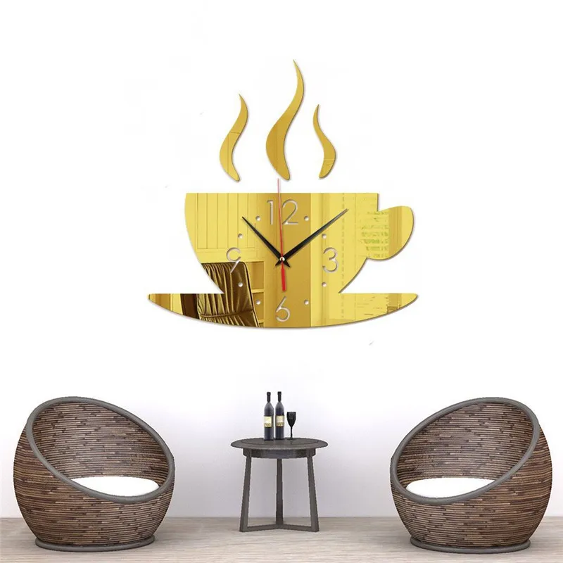 Трехмерные кофейные чашки настенные часы с зеркальной поверхностью стикеры s для